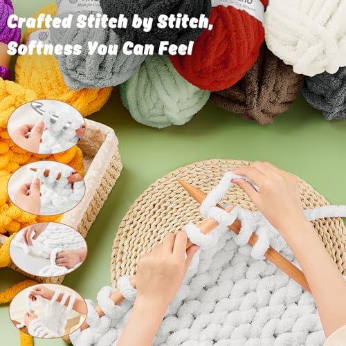 Image of Inhand Chunky Chenille Yarn for Hand Knitting, Thick Bulky Blanket Yarn for Crocheting, Soft Fluffy Yarn for Crochet Gifts & Crafts for Women /Beginners, 8 Pack (29.5 yds /8.4 oz Each), Snow White