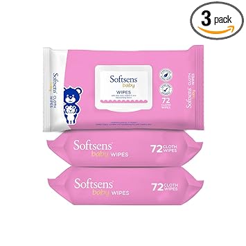 Softsens Baby Gentle Cloth Wipes for Baby Skin Enriched with Aloe Vera & Vitamin E I Dermatologically Tested & Parben Free with Lid - 72 wipes (Pack of 3) - image, photos