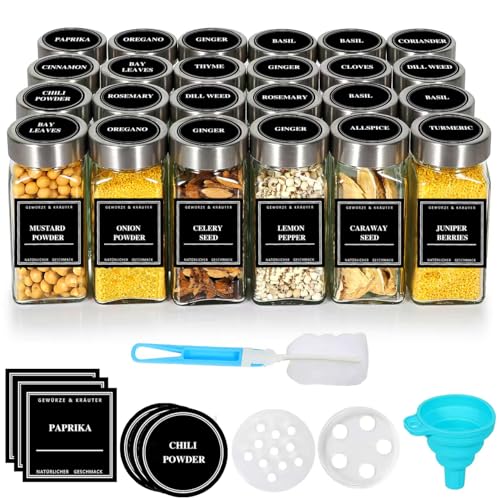 CoolNovel® Gewürzgläser Set 24er [120ml, Eckig & Luftdicht] mit Edelstahldeckeln, Etiketten &...