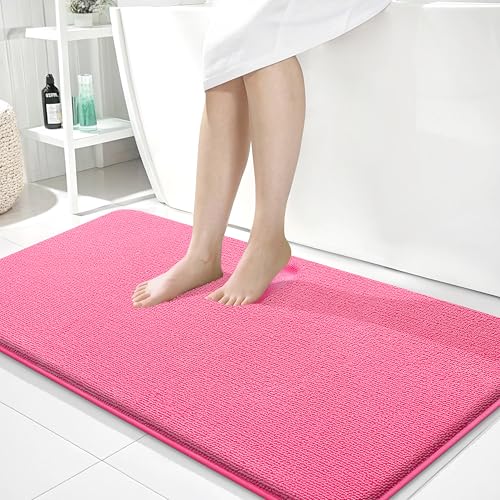 Image of OLANLY Thick Memory Foam Bathroom Runner Rugs 44x24, Extra Soft Absorbent Long Bath Rug, Quick Dry, Non-Slip, Machine Washable Bath Mats for Bathroom, Tub and Shower, Home Decor Accessories, Hot Pink