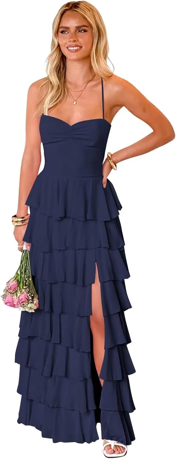 Tiered Bridesmaid Dresses with Slit Chiffon Prom Dress for Teens Ruffles Spaghetti Straps Party Formal Dress