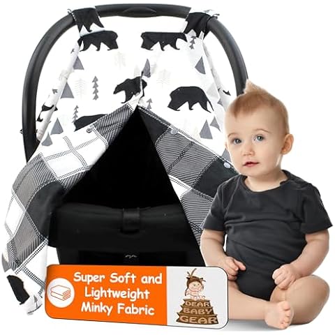 Dear Baby Gear - Infant Carseat Canopy & Winter Cover - Car Seat Cover for Girls & Boys - Doubles as Stroller Cover - Black Bears - Black and Grey - Plaid - 40" x 30" Cover