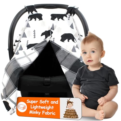 Image of Dear Baby Gear - Infant Carseat Canopy & Winter Cover - Car Seat Cover for Girls & Boys - Doubles as Stroller Cover - Black Bears - Black and Grey - Plaid - 40" x 30"