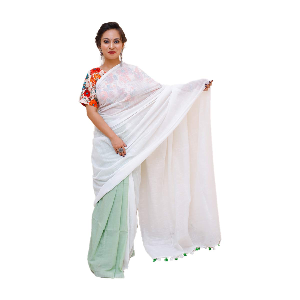 Artisan GloryWhite Green Handloom Khadi Cotton Saree