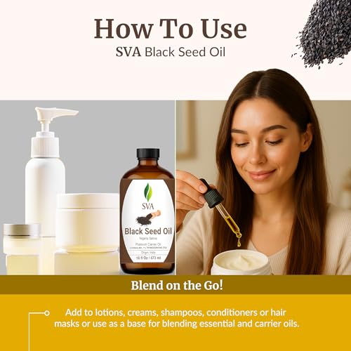 Image of SVA Black Seed Carrier Oil, Glass Bottle, Large Size, 16 Fl Oz (473 ml) | Black Seed Oil for Hair Care, Scalp Massage, Hair Oiling, Face Care, Skin Care, Body Massage, DIY Blending & Custom Oil Blend