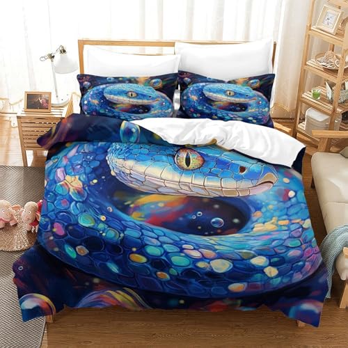 Housse de couette serpent bleu 3D microfbre 135x200 pour lit simple