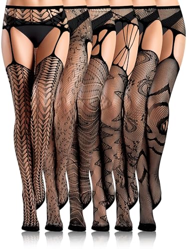 Image of Fourluoo 6 Pairs Women Fishnet Tights Lace Ripped Spider Web Fishnets Leggings Mesh Pantyhose Thigh High Stockings
