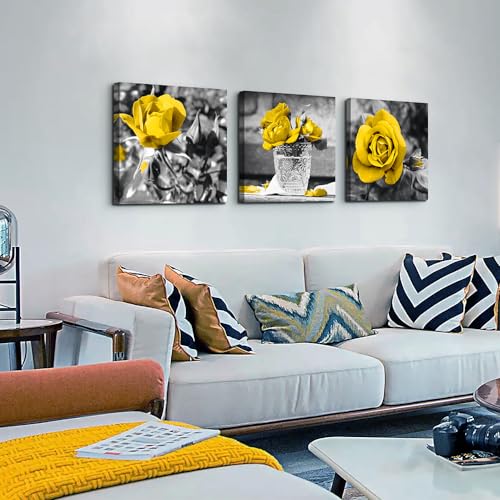 DZRWUBHS Black And White Wall Pictures Large Size Wall Art For Bedroom Modern Wall Decor For Living Room Kitchen Decor Bathroom Wall Decorations Yellow Rose Flowers Canvas Prints Girls Room Artwork
