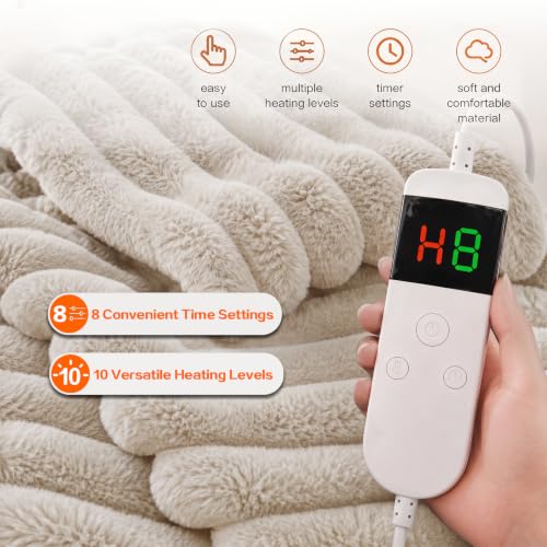 Image of Heated Blanket Electric Throw 50″x60 ″Inch - Thick Striped Flannel Electric Blanket,10 Heating Levels, 1-12 Hours Auto Off, Fast Heating Heating Blanket with Overheat Protection.