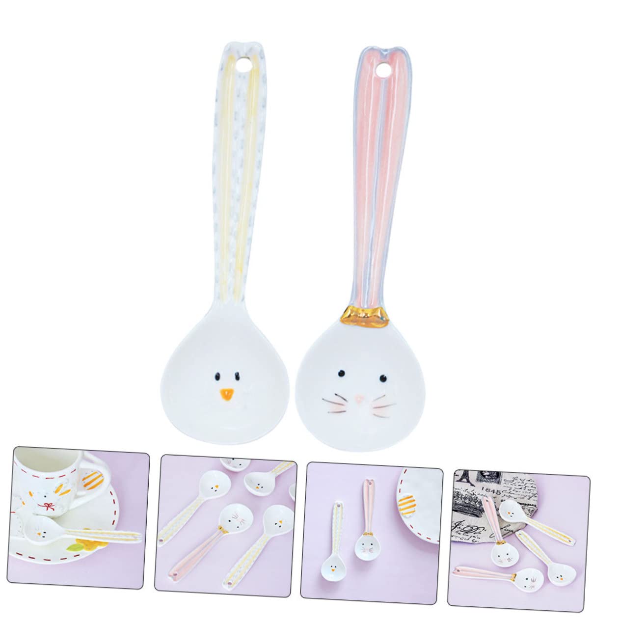 MAGICLULU 4piezas Cucharas De Cerámica Para Café y Sopa De Diseño De Dibujos Animados Utensilios Para Mezclar Bebidas y Servir Postres