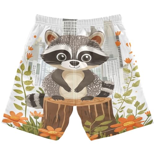 DOMIKING Raccoon Flowers White Boys' Pull On Swim Trunks Quick Dry Boardshorts with Mesh Lining for Swimming Hiking M2