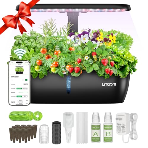 litokam Hydroponics Growing System Kit, 15 Pods Indoor Herb Garden with Smart APP & Quiet Pump, 24W LED Light, Auto Timer, Indoor Garden for Herbs, Vegetables & Flowers, Ideal Gift for Plant Lovers