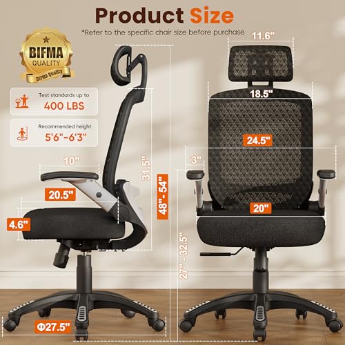 Image of GABRYLLY Ergonomic Office Chair, High Back Home Desk Chair with Flip-Up Arms, 3D Headrest, Thick Sponge Seat &90-120 Recline, Big and Tall Mesh Executive Chairs for Man Woman, Midnight-Cloud