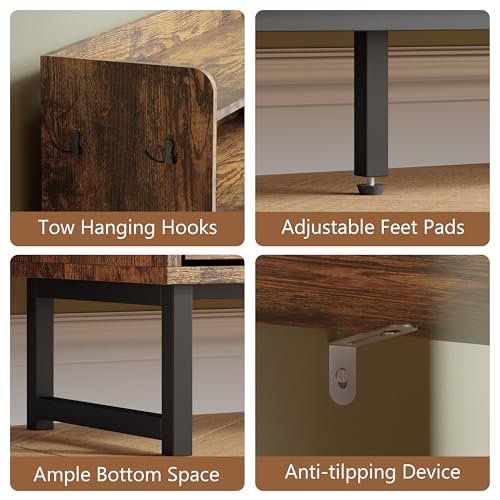 Image of Shoe Cabinet with 4 Flip Drawers, Freestanding Hidden Shoe Storage Organizer for Entryway, Narrow Slim Shoe Rack Cabinet with Open Storage & Hooks for Front Door Entrance, Living Room, Hallway, Brown