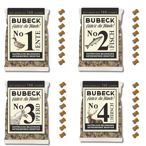 Bubeck Hundekekse Probierpaket 4-teilig – Getreidefrei & Ohne Zucker – Trainingsleckerli Set mit Ente, Fisch, Pferd & Hirsch – 4X 210g Belohnungssnacks schonend gebacken