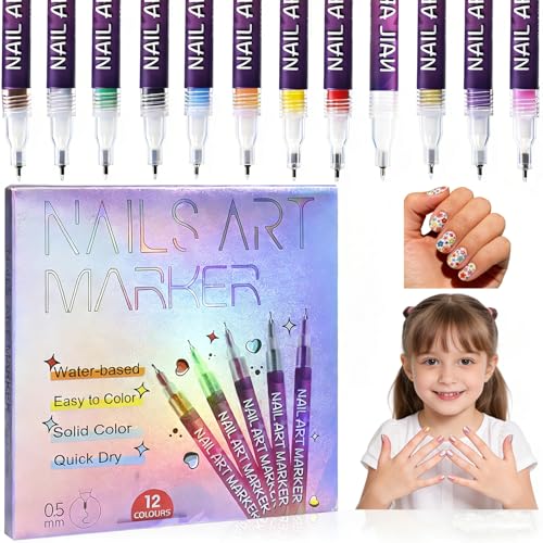 12 Colors Nail Art Pens Set for Painting Nail Nail Art Markers for Kids Girls Women Quick-Drying Nail Polish Pens Markers for Nail Art Painting Fine-Tip Gel Nail Pens for Dotting Lines DIY Nail Art