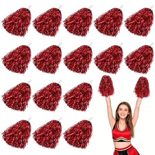16 Stück Cheerleader Pompons mit Griff Rote Metallisch Cheerleading Pompoms Pompons Cheerleader Handblumen Puschel für Sport Ballspiele Tanz Party Schule & Verein
