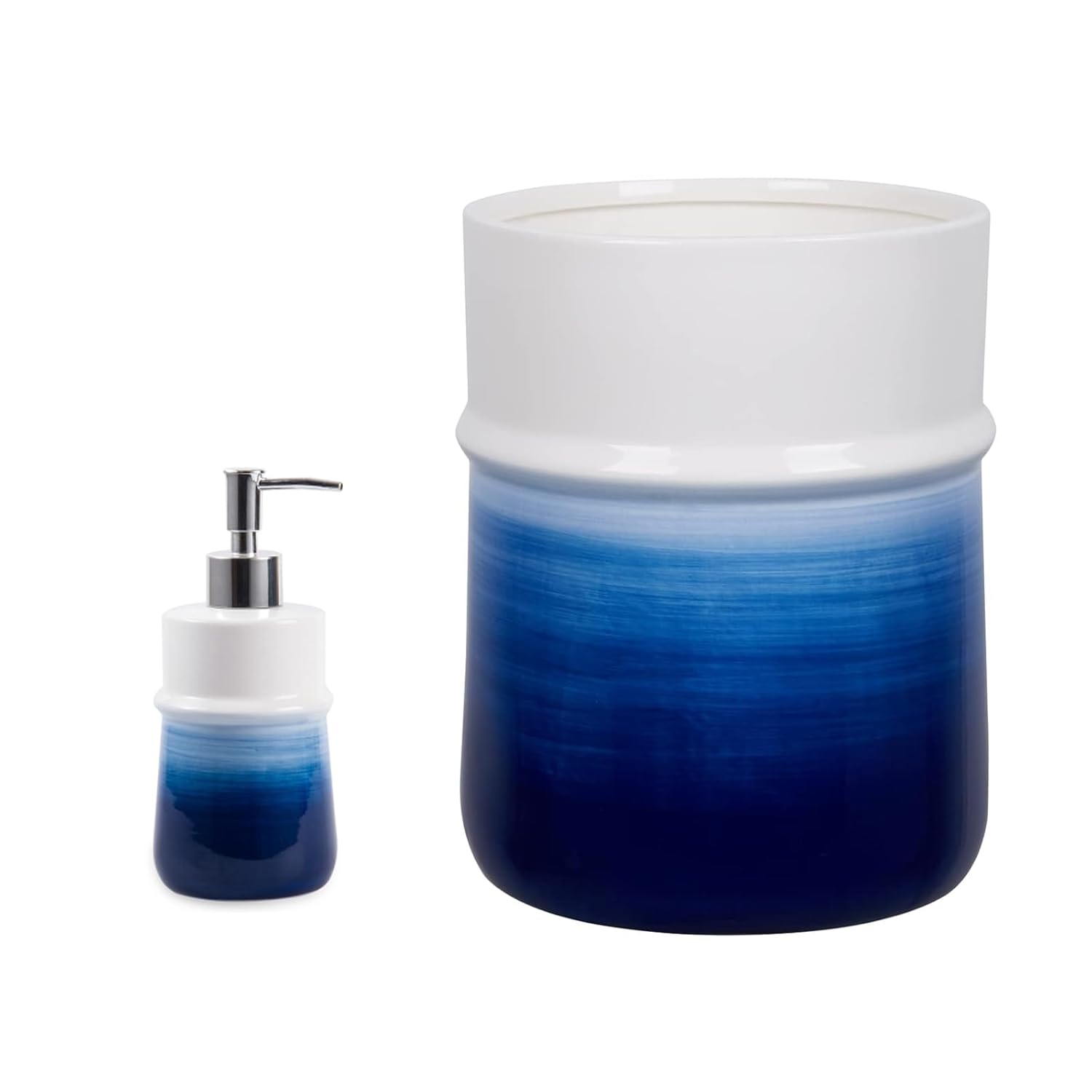 Navy Blue Ceramic Bathroom Accessories Set 2 Piece Bath Ensemble Includes Soap Dispenser and Trash Can for Decorative Countertop and Housewarming Gift