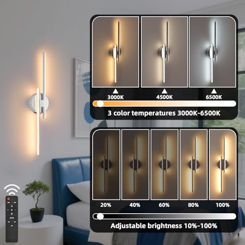 Image of Rechargeable Battery Operated Wall Sconce Set Of Two, Chrome Wireless LED Wall Sconces With Remote Control, Dimmable 3 Colors Cordless wall lights for Living Room, bedroom, Hallway, 23.6 Inch ( 2pcs)
