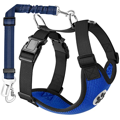Lukovee Dog Seat Belt for Car, Adjustable Dog Car Harness for Large Medium Small Dogs, Soft Padded & Breathable Mesh Dog Seatbelt with Car Strap and Carabiner (Blue,L)
