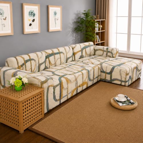 Image of Gifts Island Premium 160GSM Super Soft Beige Art Stretchable Sofa Cover L Shape 7 Seater Fully Covered | Suitable for Both Left and Right Side Chaise Sofa (Beige Art, 4+3 Seater)
