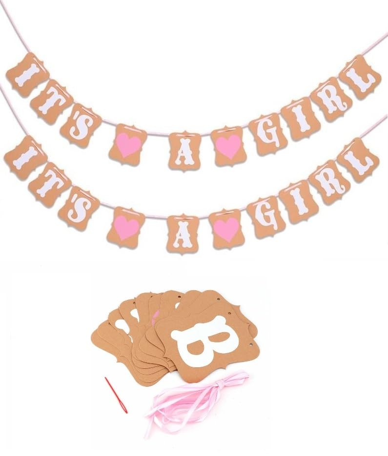 2 X Its A Girl 3M Garland Banner Bunting Baby Shower Party Decoration Pink Pair Gender Reveal Hanging Ribbon Inc Card Paper Decor Supplies