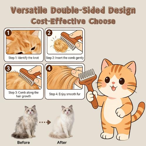 Cat Dematting Comb for Long Haired Cats, 2-in-1 Undercoat Rake for Mats, Tangles & Loose Fur, Double-Sided Grooming Tool