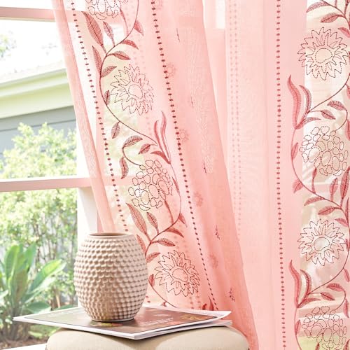 Image of jinchan Pink Sheer Curtains 63 Inch, Embroidered Floral, Light Filtering, 2 Panels for Girls Room & Nursery, Bedroom, Dorm, Living Room