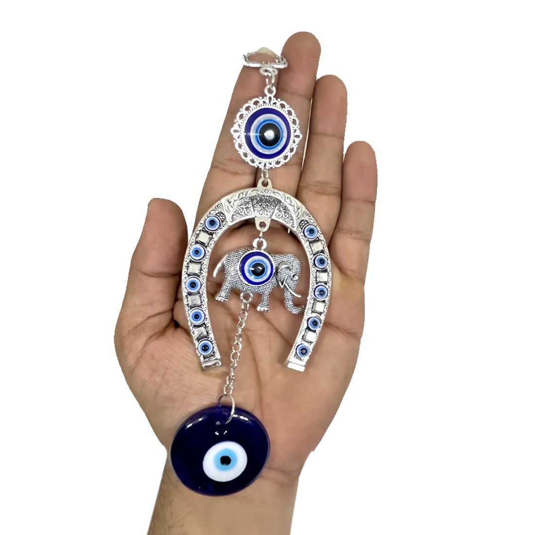 Stainless Steel Evil Eye Hanging for Home Main Door Entrance, House Door Decoration, Horseshoe with Elephant Nazar Battu for Home Protection, Prosperity at Office and Home, Blue