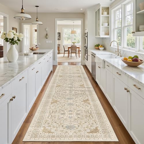 Madane Hallway Runner Rug 2x12, Long Washable Runner Rugs 12ft with Rubber Backing, Non Slip Carpet Runner, Vintage Rug Runners for Kitchen Laundry Room Entryway (Beige/Blue, 2'x12')