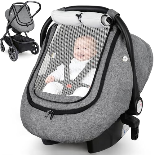 Image of Rquite Car Seat Cover Baby, Carseat Covers Boy Girl, 2 Layers Window -Breathable Mesh & Wind/Sun Shade, Infant Car Seat Canopy Baby Carrier/Stroller Cover, Fit Spring, Fall, Winter, Cold Weather