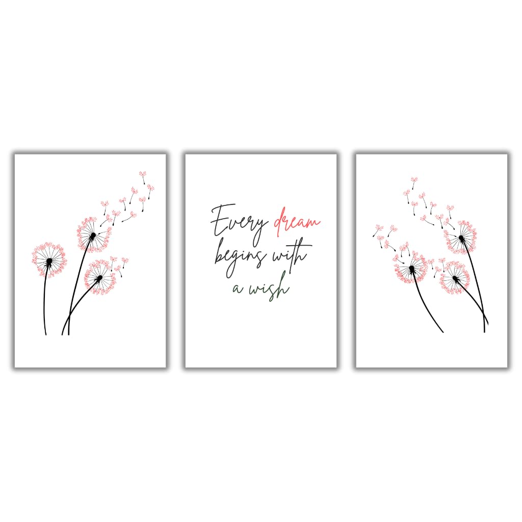 Dandelion Print Wall Art With Quote, Set of 3 Prints, A4 Wall Art (Black & Coral Red)