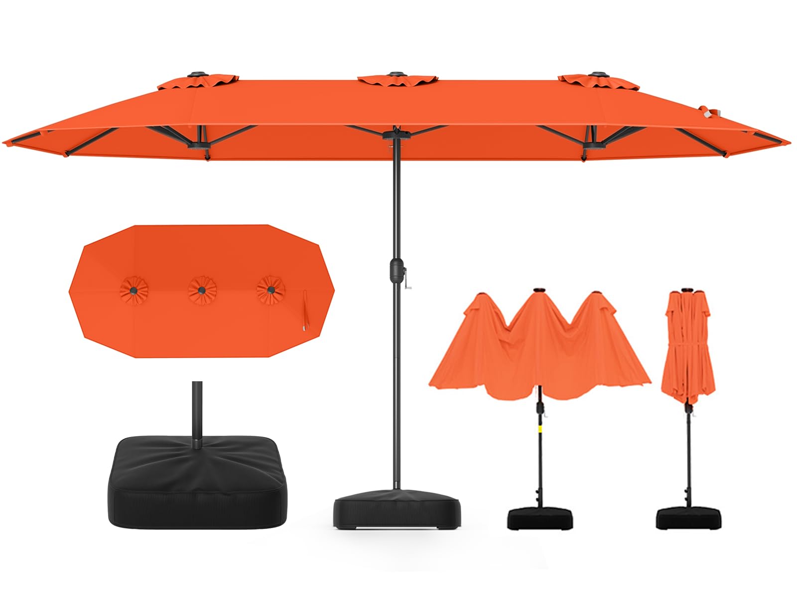 RELAX4LIFE Grand Parasol de Jardin Exterieur avec Pied, 4x2M Parasol Double pour Terrasse/Piscine/Marché, 12 Baleines Renforcées, Manivelle, Protection Solaire pour 6-8 Personnes (Orange)