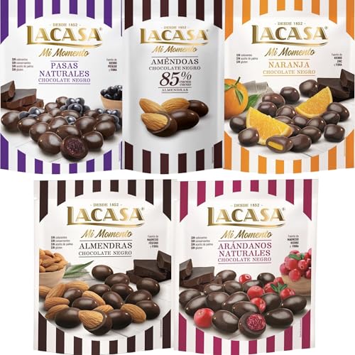 Lacasa Mi Momento pack de 5:Almendra 85% 65G,Arándano Negro,Pasas Negro 150G,Almendra Negro,Naranja Negro