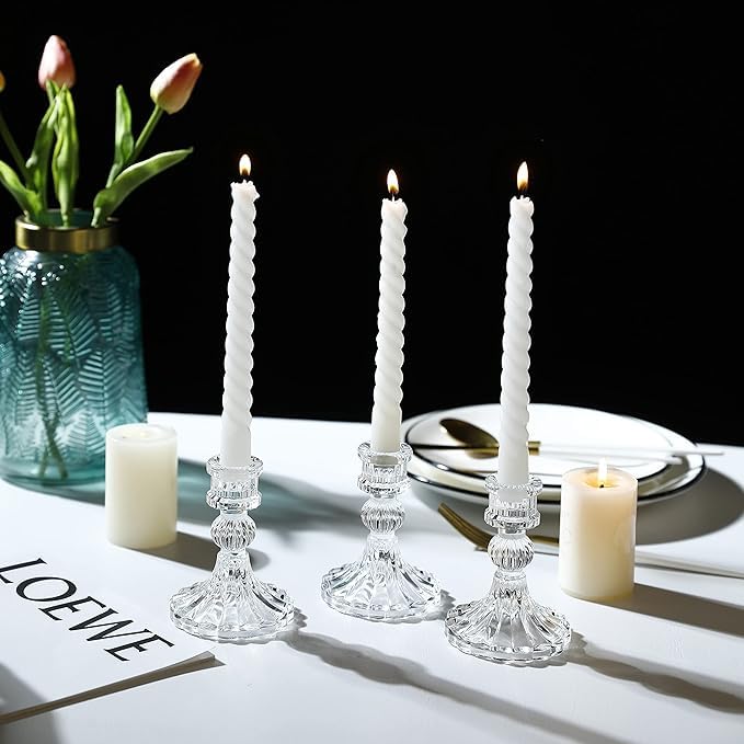 Image of Glass Candle Holder - Taper Candlestick Holders, Decorative Candle Sticks Set of 2, for Formal Events, Wedding, Church, Fall, Holiday DeCor, Table Centerpiece Decoration
