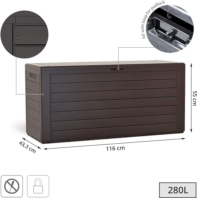 YOUNOT Baule da Giardino Impermeabile, Cassapanca Contenitore da Esterno con Maniglie, 280 L, Effetto Legno, Marrone (280L, Marrone)