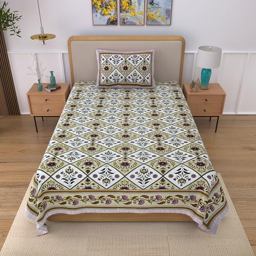 Image of 100% Cotton Single Bedsheet with 1 Pillow Cover | 240 TC Pure Cotton Flat Bed Sheet | Traditional Jaipuri Printed Bedding Set | Soft & Breathable | 60 x 90 Inch (Rangmahal Single 55)
