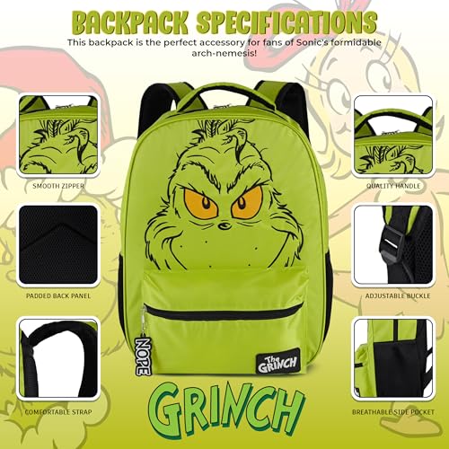 Image of AI ACCESSORY INNOVATIONS Dr. Suess's The Grinch Backpack for Boys & Girls Featuring a Big Face Grinch, 16 inchBookbag w /Molded Nope Dangle, Green
