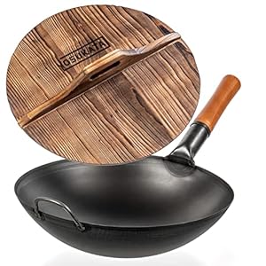 YOSUKATA Carbon Steel Wok Pan 14 Cast Iron Wok Cover – Premium Wok Cover 14 inch Pan Lid – Wooden Wok Lid 14 in with Ergonomic Handle – Woks and Stir Fry Pans