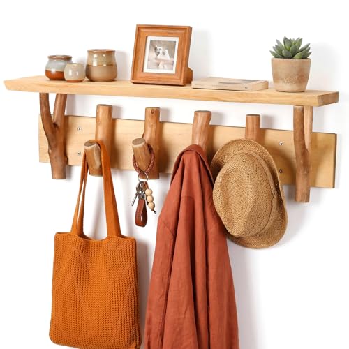 Geelin 24 Inch Coat Rack Wall Mount with Shelf, Entryway Wall Shelf with Hooks, Wood Shelves with 4 Hooks for Entryway Living Room, Bedroom, Kitchen Boho Bathroom Decor