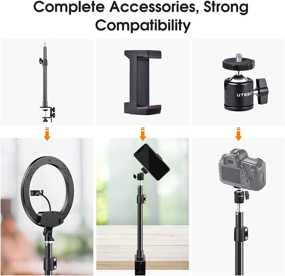 UTEBIT Camera Desk Mount with Phone Clamp and Mini Ball Head Aluminum Tabletop Light Stand Adjustable Arm 13.6in - 23in for Ring Light, Video Light, DSLR Camera, Projector … : Electronics