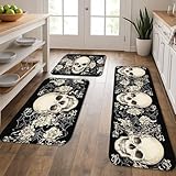 Vintage Gothic Kitchen Mats for Floor, Skull Floral Design Cushioned Comfort Washable Non Slip Decor Rugs for Kitchen Sinks Laundry Room Bathroom 3Pcs