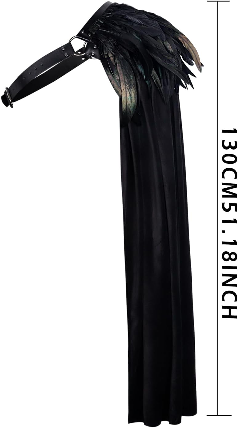L'VOW Black Half Shoulder Cape with Feather Shrug - Renaissance Ranger Cloak Halloween LARP Gothic Knight Cosplay - Image 6