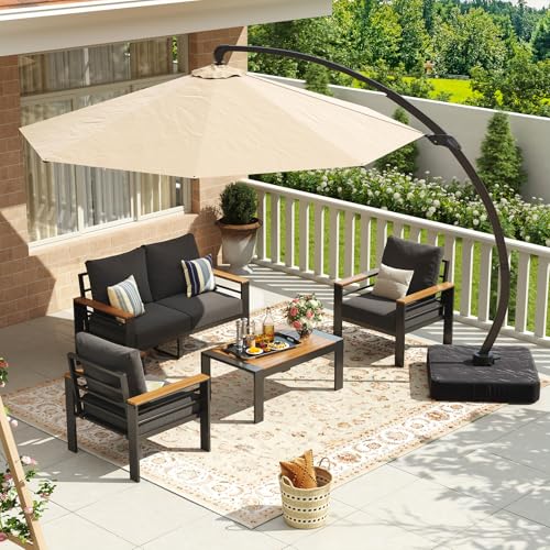 Image of Aoxun Aluminum Patio Furniture Set with Umbrella 4 Seats, Oversized Outdoor Sectional with Washable Thick Cushions, Coffee Table, Patio Conversation Sets for Porch, Balcony, Deck