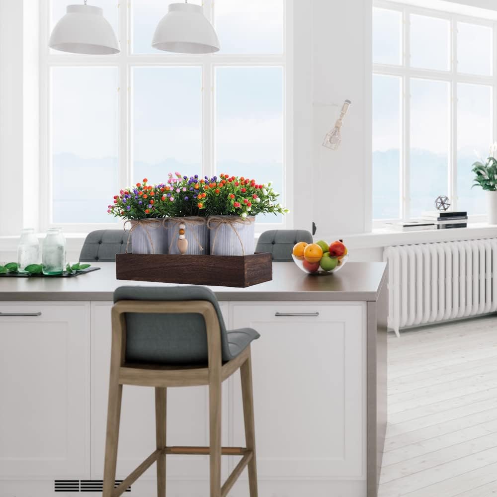 CALAVAK Decorative Centerpiece Wooden Tray with 3 Metal Potted Artificial Milan Flowers Rustic Country Farmhouse Décor for Dining Room, Living Room and Kitchen Table - Image 7