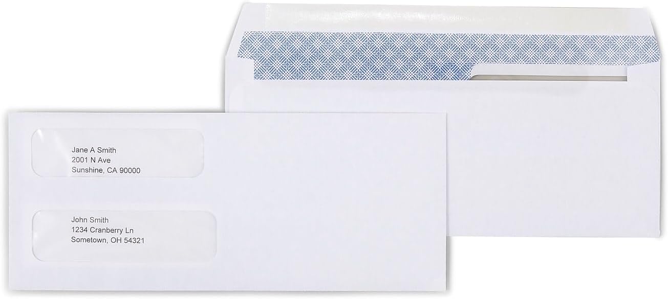 Staples Double‑Window Laser Check Business Envelopes, White, Security‑Tinted Gummed Closure, 8.875" x 3.625", 1000/Pack