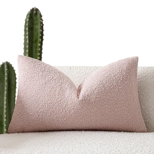 Image of Foindtower Decorative Textured Boucle Throw Pillow Covers Accent Solid Lumbar Pillow Cases Neutral Soft Cozy Couch Cushion Case for Chair Sofa Bedroom Living Room Home Decor 12x20 Inch,1PC,Sakura Pink
