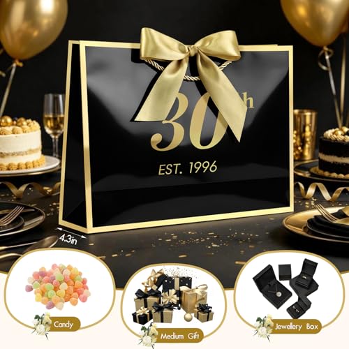 Image of JMANNI 30th Birthday Gift Bag with Card and Tissue Paper for Men Women Him, 14.2 inch Elegant Black Gold Anniversary Keepsake Party Present Shopping Paper Bags for Gifts Wrapping (EST.1996 /Black /Large)
