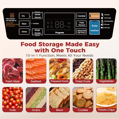 95KPa Vacuum Sealer Machine for food,Full Automatic with Double 12mm Heat Seal, 10in 1 Modes, Built in Cutter & Bag Storage, Includes 1 Roll and 10pcs Pre cut Bags