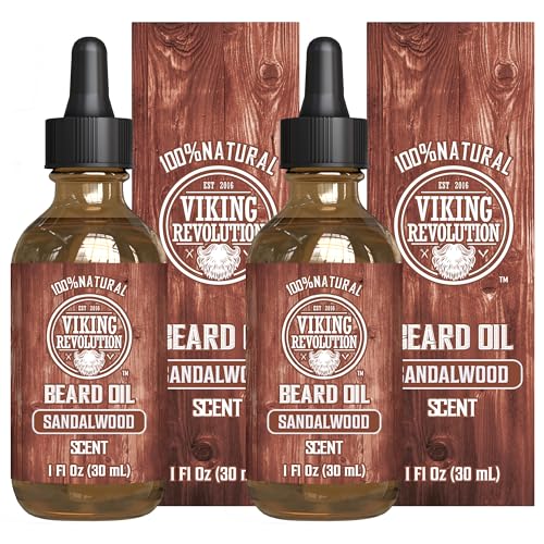 Image of Viking Revolution Sandalwood Beard Oil for Men - Natural Mens Beard Oil with Argan Oil and Jojoba Oil - Beard Softener, Strengthens and Moisturizes - Beard Conditioner for Men (Sandalwood, 2 Pack)